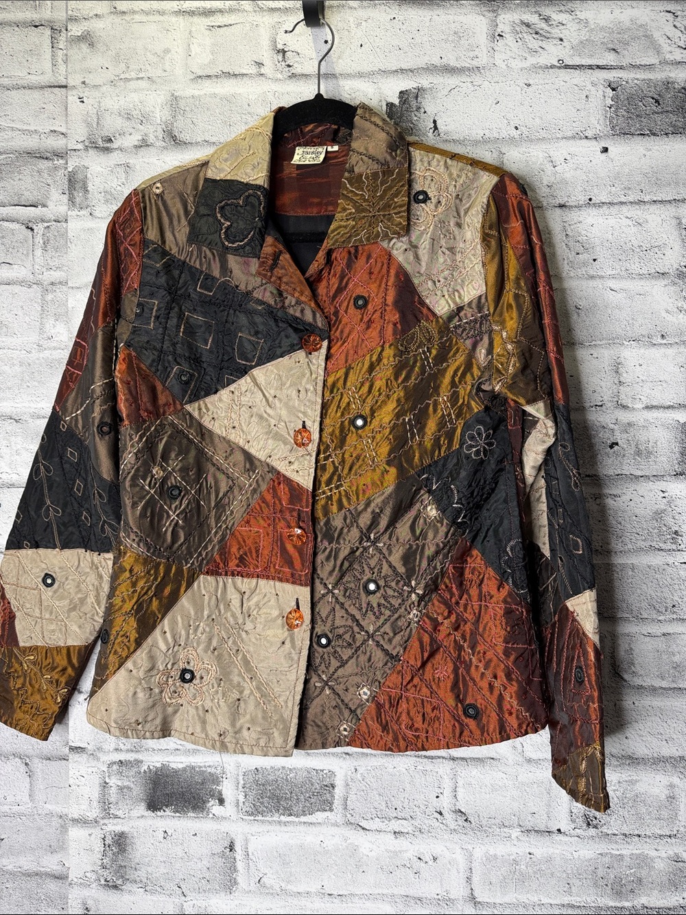 Parsley & Sage Patchwork Quilted Blazer in Rust, Mustard & Black